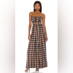 Free People Hold Me Tight Jumpsuit Indigo Combo Gingham Belted Wide Leg